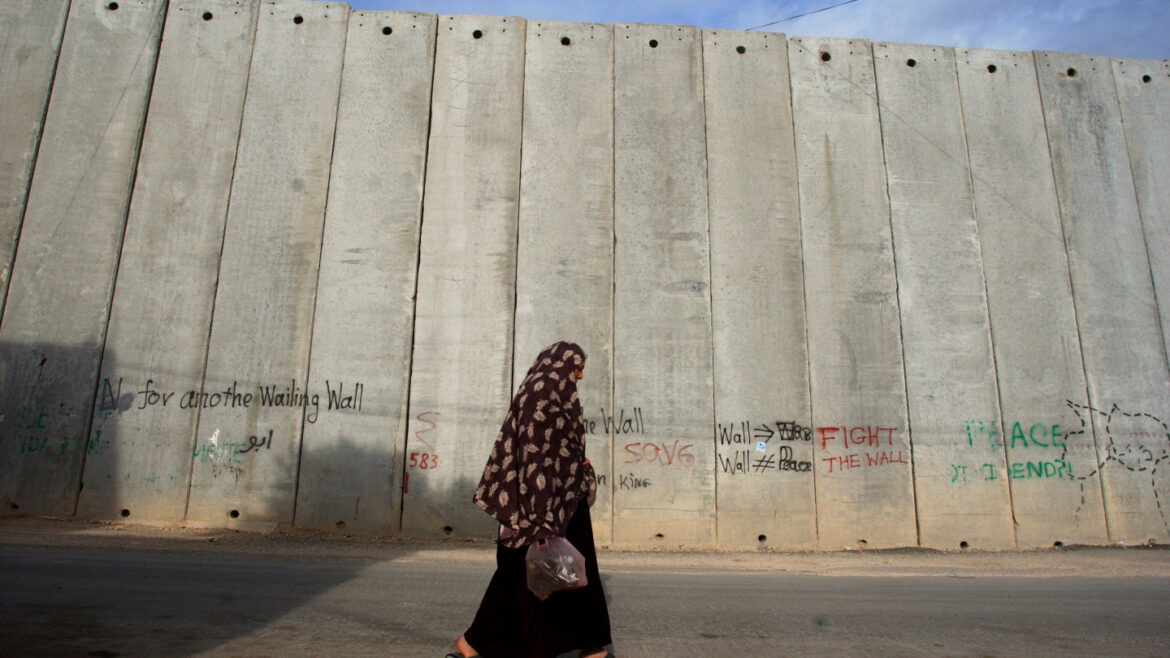Palestinian woman walking by the Israeli wall